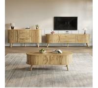Ensemble salon 3 pièces avec table basse, meuble TV et buffet, forme galet, portes coulissantes, MDF, pieds bois, naturel