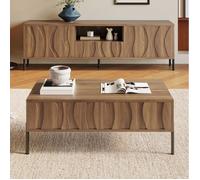 Ensemble salon avec meuble TV et table basse, bois naturel, motif ondulé, MDF