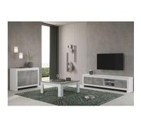 DENAE - Ensemble Salon Blanc et Gris Marbré Meuble TV + Buffet 2 Portes + Table Basse Carrée