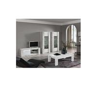 PRAVA - Ensemble Salon Complet Blanc et Effet Marbre Meuble TV et Vitrines avec Leds + Table Basse