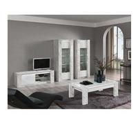 PRAVA - Ensemble Salon Complet Blanc et Effet Marbre Meuble TV et Vitrines avec Leds + Table Basse