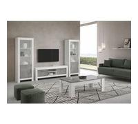 DENAE - Ensemble Salon Complet Blanc et Gris Marbré Meuble TV + Table Basse + Vitrines Leds