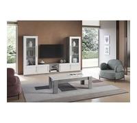 Ensemble Salon Complet Blanc et Marbre Meuble TV et Vitrines avec Leds + Table Basse - CLARK -