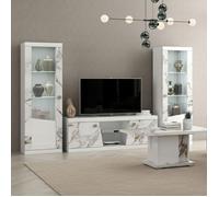 AltoBuy Ensemble Salon Complet Table Basse + Meuble TV + 2 vitrines Blanc et Imitation marbre - ETOLIS