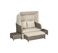 Ensemble salon de jardin 2 places 4 pièces canapé, repose-pieds, 2 tables basses coussins inclus Résine grise polyester kaki