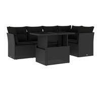 Ensemble Salon de Jardin 6 Pièces Modulaire, Résine Tressée Noire, Table Basse Relevable en Verre Trempé, Coussins Déhoussables Lavables
