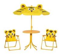 Outsunny Ensemble salon jardin enfant Design Tigre 4 pcs — table ronde, 2 chaises, parasol jaune