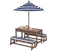 AIYAPLAY Salon de jardin enfant – Table et bancs coussins, parasol amovible – Bleu marine/blanc rayé
