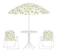 Ensemble salon de jardin extérieur enfant - AIYAPLAY - motif éléphant et girafe, parasol réglable Ø 100 cm, chaise pliable - blanc