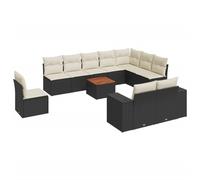 Ensemble Salon de Jardin Modulaire 11 Pièces, Résine Tressée Noire, Table Bois d'Acacia, Coussins Crème Déhoussables et Lavables