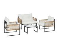 Ensemble salon de jardin - Outsunny - 4 pièces - canapé, 2 fauteuils, 1 table basse plateau verre trempé - résine tressée - crème