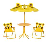Outsunny Ensemble Salon de Jardin Enfant 4 pcs Design Tigre - Table Ronde + 2 chaises Pliables + Parasol - métal époxy Oxford Jaune