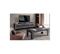 Ensemble Salon Effet Marbre Anthracite Meuble TV 4 Portes + Table Basse - GUEDA -