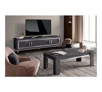 Ensemble Salon Effet Marbre Anthracite Meuble TV 4 Portes + Table Basse - GUEDA -