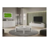 DEYTON - Ensemble Salon Laqué Blanc Meuble TV 4 Portes + Table Basse Carrée + Buffet