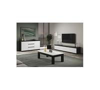 Ensemble Salon Laqué Noir et Blanc Meuble TV 4 Portes + Table Basse 127cm + Buffet - DEYTON -