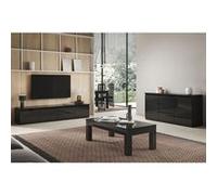 Ensemble Salon Laqué Noir Meuble TV 4 Portes + Table Basse 127cm + Buffet - DEYTON -