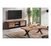 Ensemble Salon Meuble TV et Table Basse Aspect Bois Piètement X Métal Noir - ETIENNE - ALTOBUY Marron G
