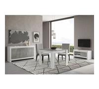DENAE - Ensemble Salon Séjour Blanc et Gris Marbré Meuble TV + Buffet 3 Portes + Table 100cm