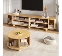 Ensemble salon - Table basse ronde + Meuble TV 180 cm - Style rétro - Relief vertical - Portes coulissantes - MDF Naturel
