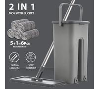 Ensemble Seau et Balai pour Nettoyage de Plancher d'Appartement, Nettoyant Professionnel Tête Plate, Mains Libres, Système d'Aspiration, Tampons en Microfibre Lavables, Idéal Parquets Durs Grey with 4