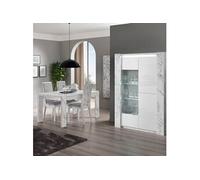 Ensemble Séjour Blanc et Effet Marbre Table 160cm + Vitrine avec Leds - PRAVA -