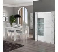 Ensemble Séjour Blanc et Effet Marbre Table 160cm + Vitrine avec Leds - PRAVA - ALTOBUY Blanc G