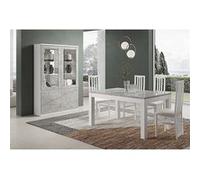Ensemble Séjour Blanc et Gris Marbré Table 160cm + Vitrine avec Leds - DEYTON - ALTOBUY Gris G