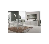Ensemble Séjour Blanc et Gris Marbré Table 190cm + Buffet 3 Portes - DEYTON -