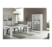 Ensemble Séjour Blanc et Gris Marbré Table 190cm + Vitrine 4 Portes avec Leds - DENAE - ALTOBUY Gris G