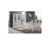 DEYTON - Ensemble Séjour Blanc et Gris Marbré Table 190cm + Vitrine avec Leds