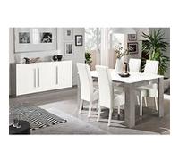 CLARK - Ensemble Séjour Blanc et Marbre Table 160cm + Buffet 3 Portes