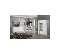 Ensemble Séjour Complet Blanc et Effet Marbre Table 160cm + Buffet et Vitrine avec Leds - PRAVA -