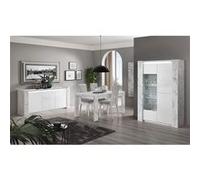 Ensemble Séjour Complet Blanc et Effet Marbre Table 160cm + Buffet et Vitrine avec Leds - PRAVA - ALTOBUY Blanc G