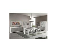 DENAE - Ensemble Séjour Complet Blanc et Gris Marbré Table 160cm + Buffet + Vitrine Leds