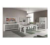 DENAE - Ensemble Séjour Complet Blanc et Gris Marbré Table 160cm + Buffet + Vitrine Leds