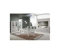 Ensemble Séjour Complet Blanc et Gris Marbré Table 190cm + Buffet + Vitrine avec Leds - DEYTON -