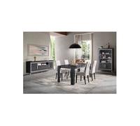 Ensemble Séjour Complet Effet Marbre Anthracite Table 160cm + Buffet et Vitrine avec Leds - GUEDA -