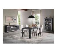 GUEDA - Ensemble Séjour Complet Effet Marbre Anthracite Table 160cm + Buffet et Vitrine avec Leds