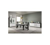 Ensemble Séjour Complet Laqué Noir et Blanc Table 190cm + Buffet + Vitrine avec Leds - DEYTON -