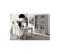 Ensemble Séjour Effet Marbre Table 190cm + Vitrine 4 Portes avec Leds - CLARK -