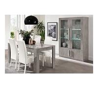 Ensemble Séjour Effet Marbre Table 190cm + Vitrine 4 Portes avec Leds - CLARK -