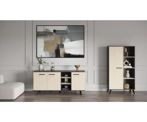 Ensemble Séjour: Enfilade, Buffet Haut, Table, KENT, Chêne de Fil / Sidewalk, DEMEYERE, Avec Allonge