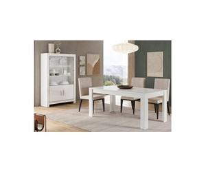 Ensemble Séjour Laqué Blanc Brillant Table 190cm + Vitrine 4 Portes avec Leds - DENAE -