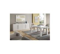 Ensemble Séjour Laqué Blanc Table 160cm + Buffet 4 Portes - CLARK -