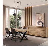 Ensemble séjour table repas et buffet URIDSON 200cm piètement X aspect bois Hudson Oak Marron