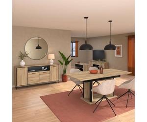 Ensemble séjour table repas allongeable + buffet 4 portes aspect bois et noir - OSTAREL