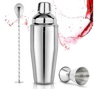 Ensemble shaker à cocktail 750 ml 3 pièces avec shaker à cocktail, doseur et cuillère à mélanger - Kit professionnel en acier inoxydable 18/8 pour boissons mélangées, argent