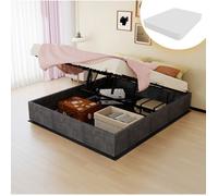 Ensemble sommier et matelas 160 x 200 cm gris, lit coffre sans tête de lit avec vérins à gaz