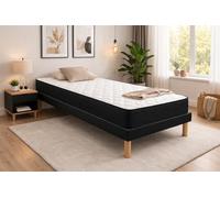 Ensemble Sommier Tapissier et Matelas 80x190 cm - Couleur : Noir - Sommier Déhoussable avec Pieds 20 cm, Structure Robuste et Lattes Multiplis - Matelas Latex Accueil Moelleux Soutien Ferme -